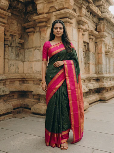 Kanjivaram Pure Silk Dark Green Heritage Checked Pattern Zari Saree